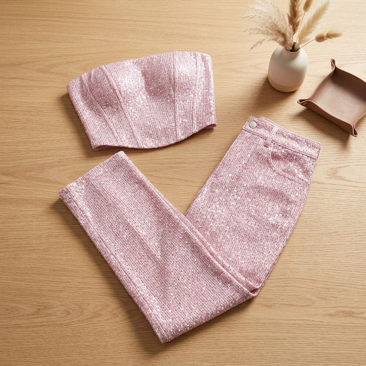 Damen Trägerloser Glitzer-Denim Jumpsuit Körpernah Geschnittener Overall - Rosa