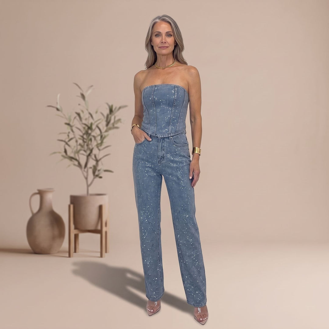 Damen Trägerloser Pailletten-Jumpsuit Gerader Schnitt - Denim