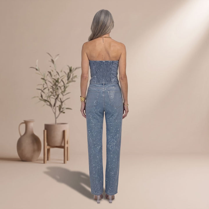 Damen Trägerloser Pailletten-Jumpsuit Gerader Schnitt