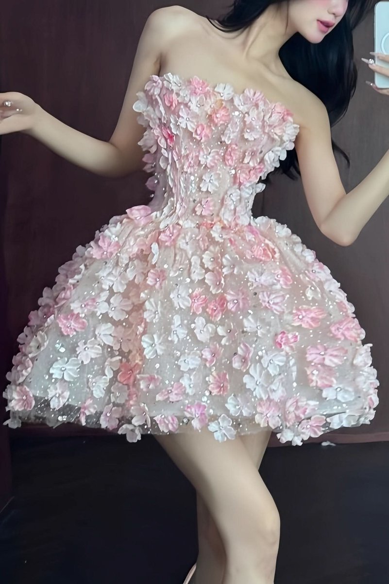 Damen Trägerloses 3D-Blumen Cocktailkleid Ballonrock Abendkleid