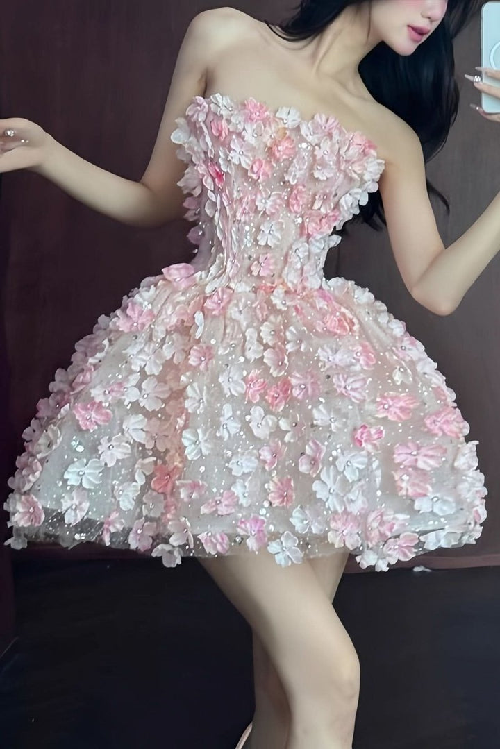 Damen Trägerloses 3D-Blumen Cocktailkleid Ballonrock Abendkleid