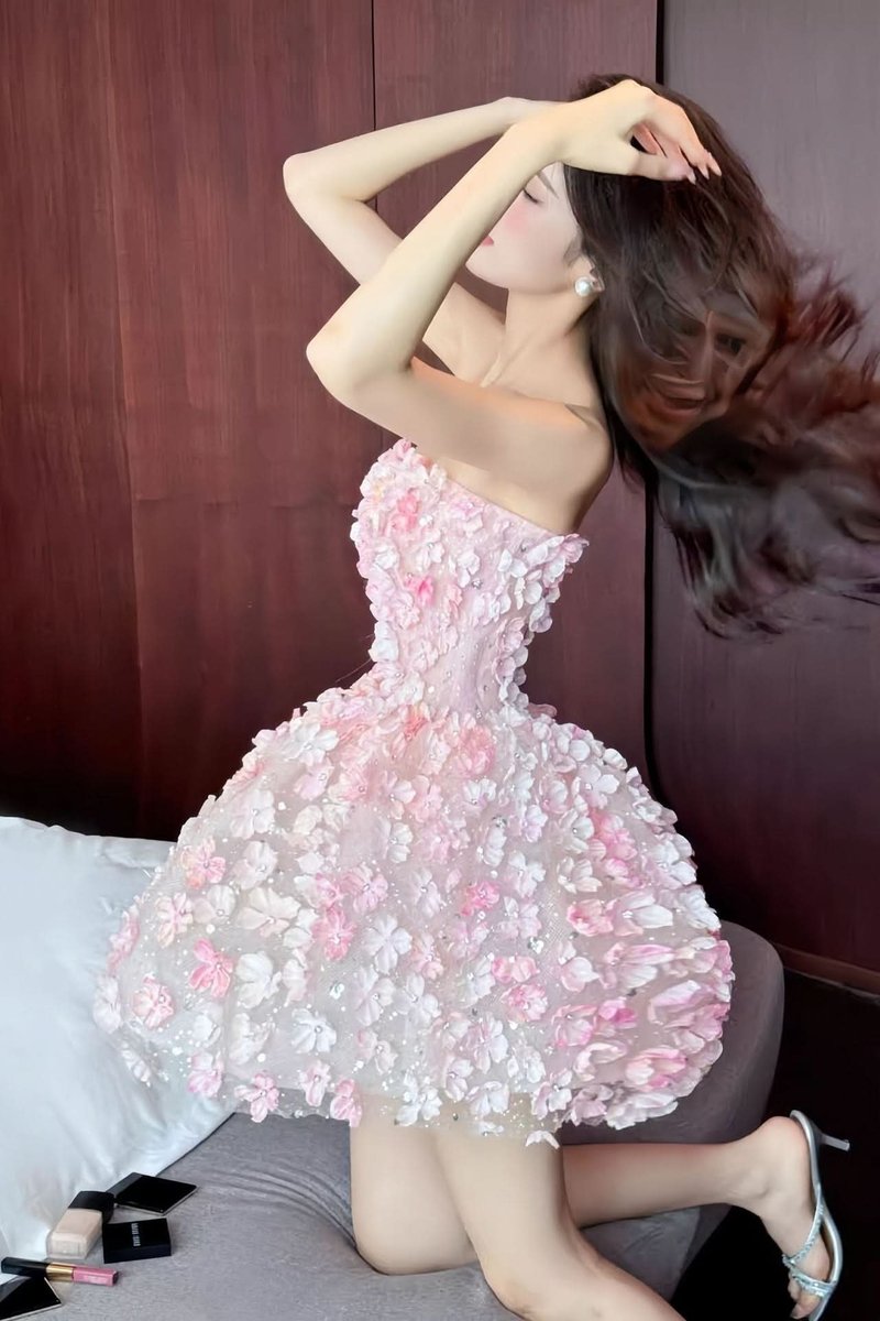 Damen Trägerloses 3D-Blumen Cocktailkleid Ballonrock Abendkleid
