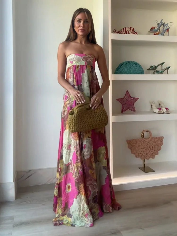 Damen Trägerloses Blumen Maxi Hochzeitsgast Kleid