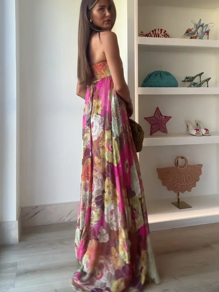 Damen Trägerloses Blumen Maxi Hochzeitsgast Kleid