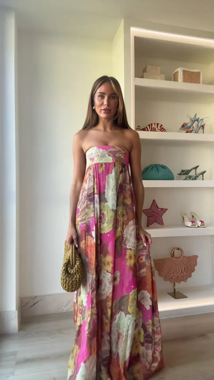 Damen Trägerloses Blumen Maxi Hochzeitsgast Kleid - Multicolor