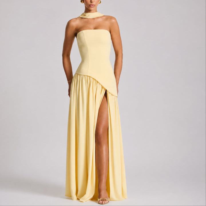 Damen Trägerloses Maxi-Kleid mit Schal Hochzeitskleid Gast Abendkleid - Gelb
