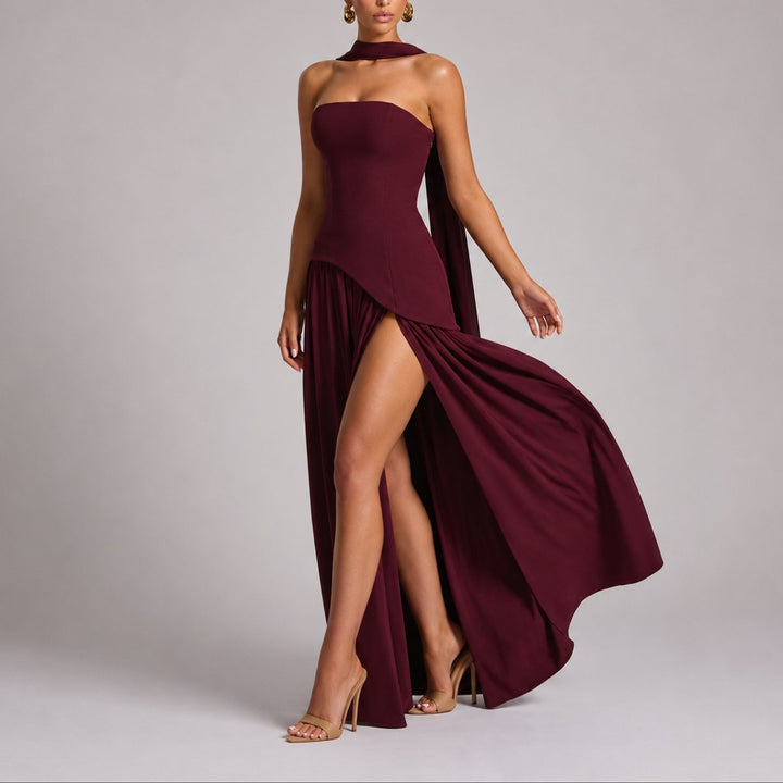 Damen Trägerloses Maxi-Kleid mit Schal Hochzeitskleid Gast Abendkleid - Rot