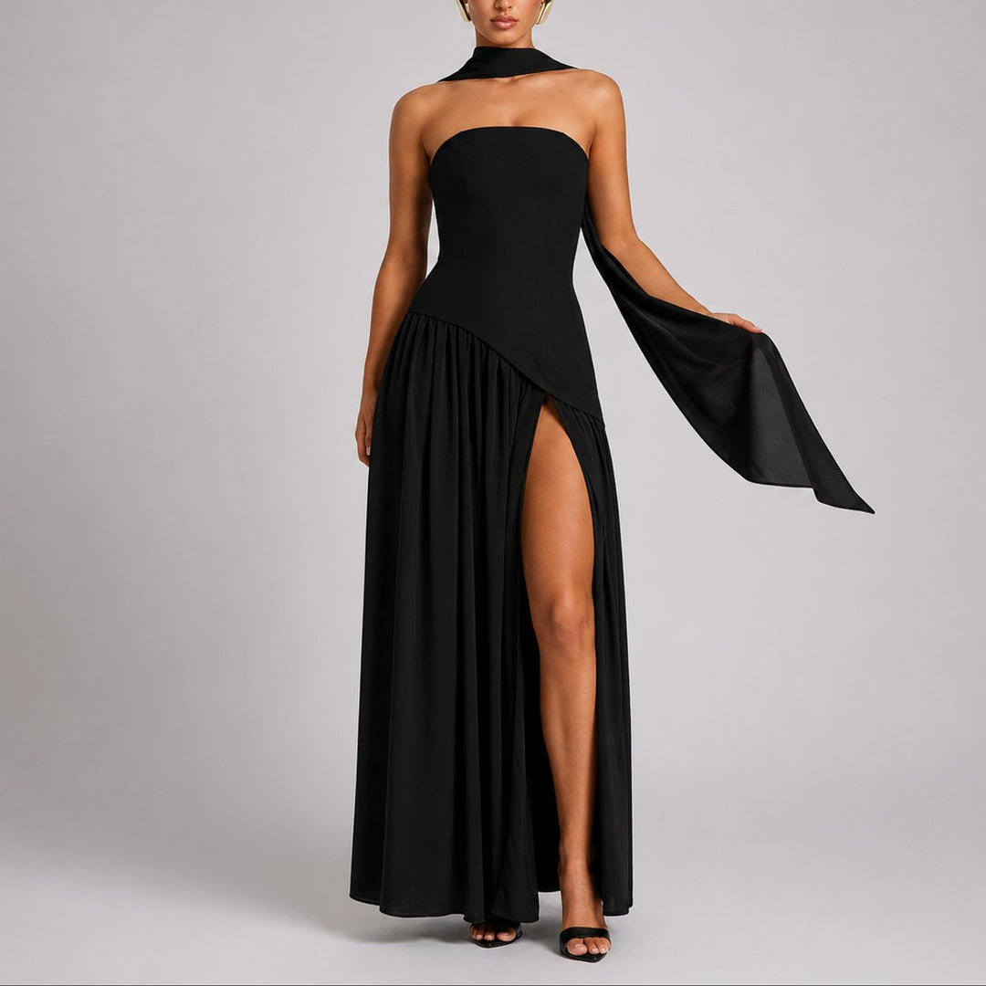 Damen Trägerloses Maxi-Kleid mit Schal Hochzeitskleid Gast Abendkleid - Schwarz