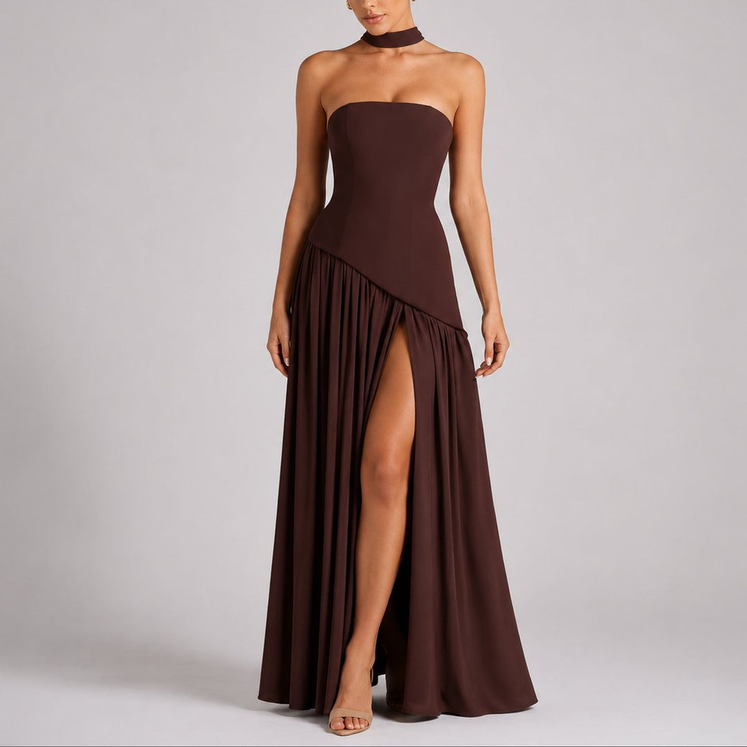 Damen Trägerloses Maxi-Kleid mit Schal Hochzeitskleid Gast Abendkleid - Braun