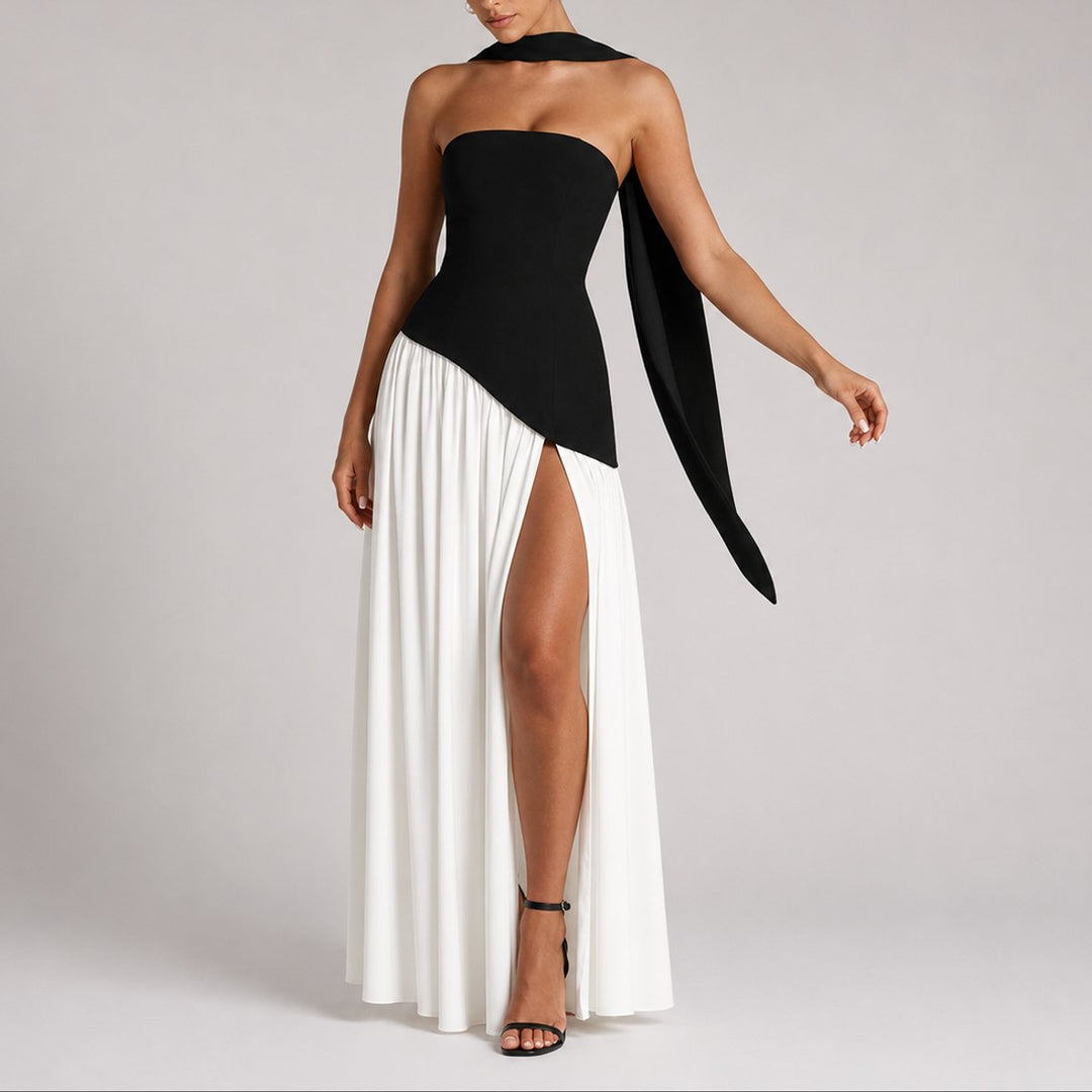 Damen Trägerloses Maxi-Kleid mit Schal Hochzeitskleid Gast Abendkleid - Weiß