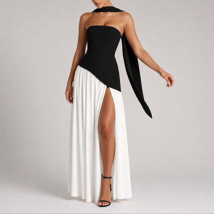 Damen Trägerloses Maxi-Kleid mit Schal Hochzeitskleid Gast Abendkleid - Weiß