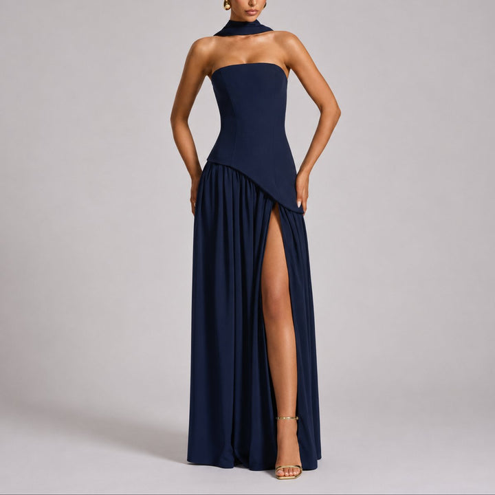 Damen Trägerloses Maxi-Kleid mit Schal Hochzeitskleid Gast Abendkleid - Marineblau