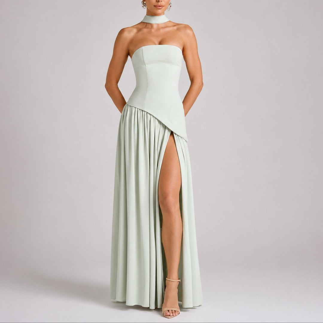 Damen Trägerloses Maxi-Kleid mit Schal Hochzeitskleid Gast Abendkleid - Hellgrün