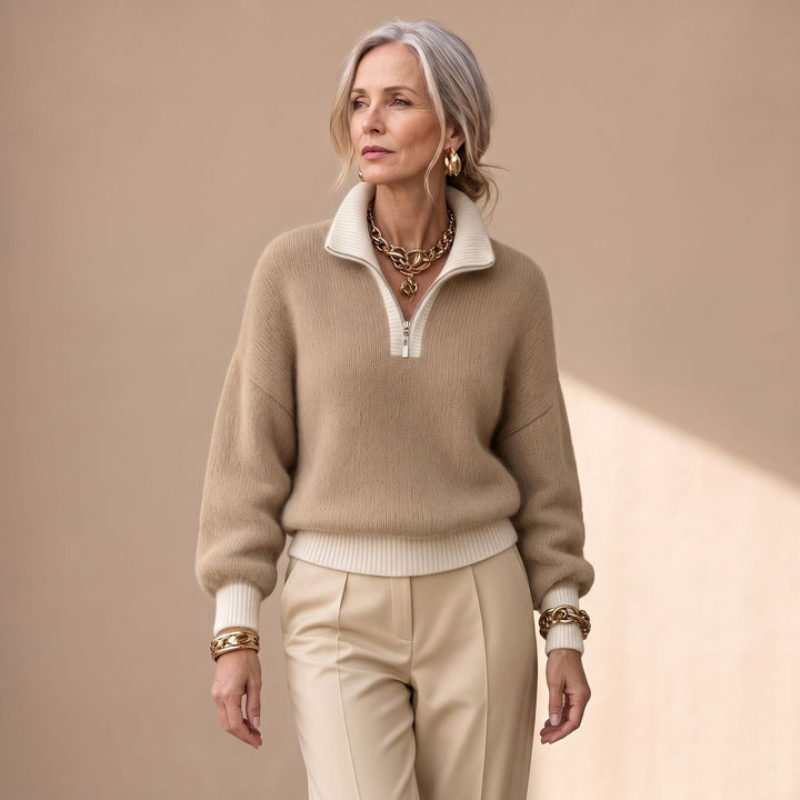 Damen Troyer Pullover mit Halbzip und Kontrastbesatz - Beige