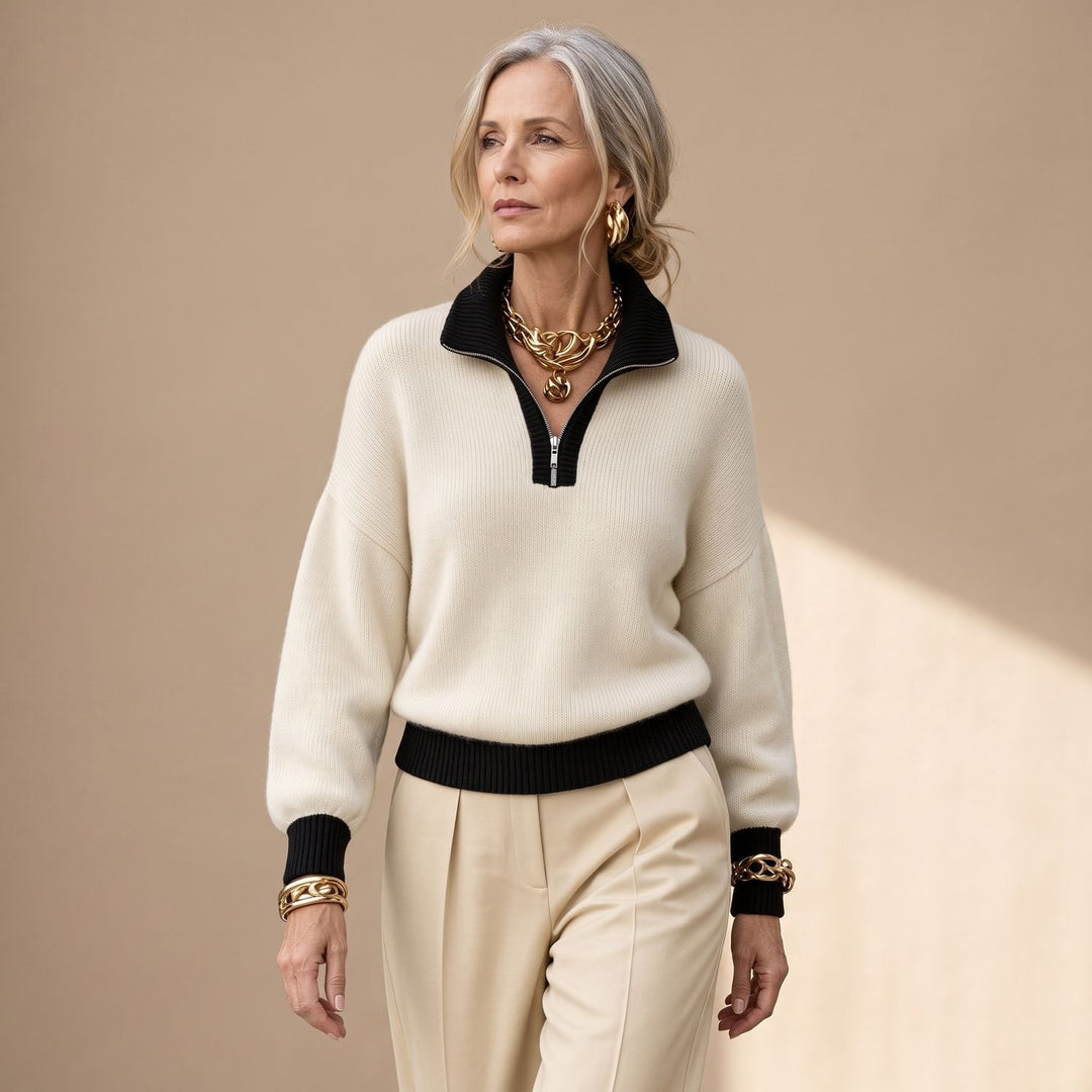 Damen Troyer Pullover mit Halbzip und Kontrastbesatz - Weiß
