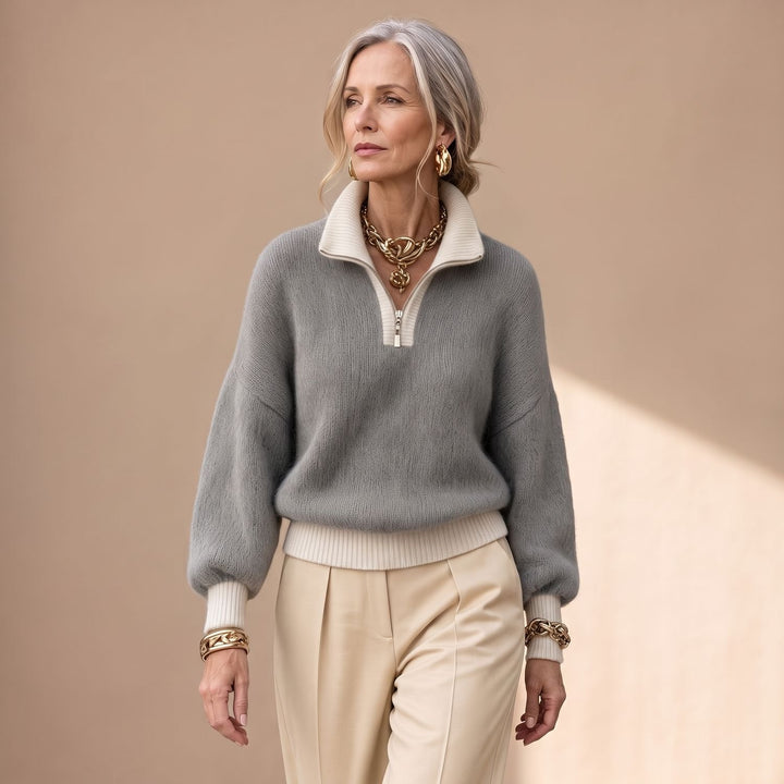 Damen Troyer Pullover mit Halbzip und Kontrastbesatz - Grau