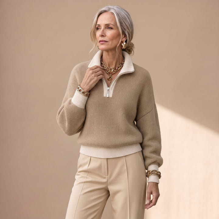 Damen Troyer Pullover mit Halbzip und Kontrastbesatz