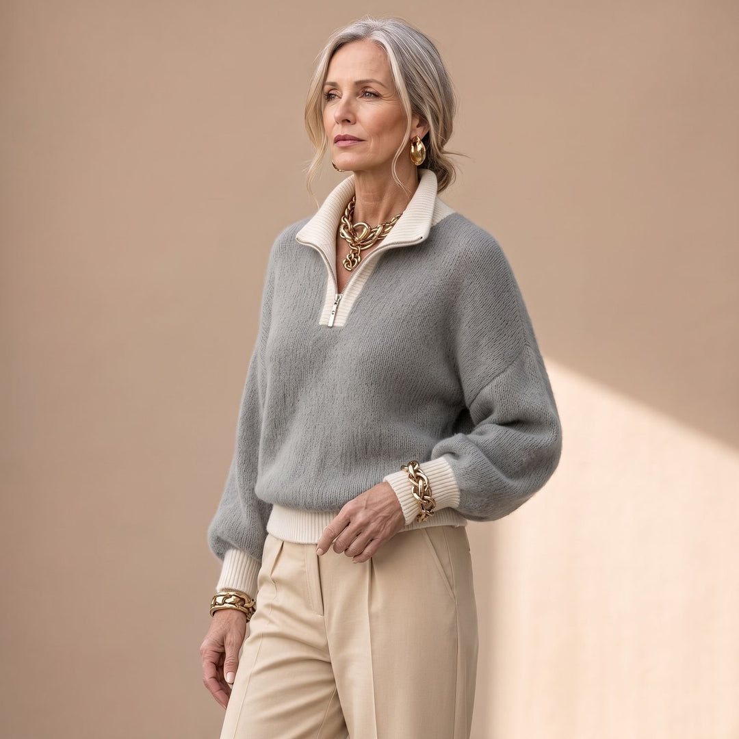 Damen Troyer Pullover mit Halbzip und Kontrastbesatz