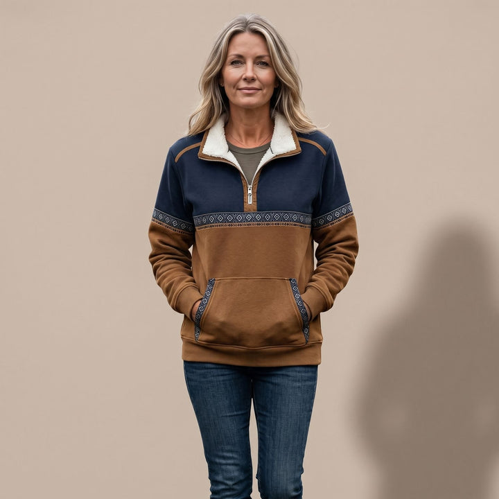 Damen Troyer Sherpa-Kragen Half-Zip Pullover mit Azteken-Muster