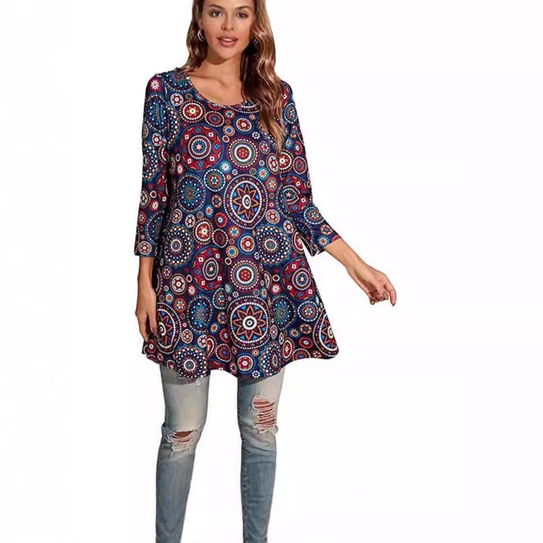 Damen Tunika mit buntem Mandala-Druck und 3/4-Ärmeln