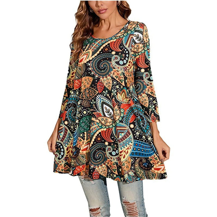 Damen Tunika mit buntem Mandala-Druck und 3/4-Ärmeln - A5
