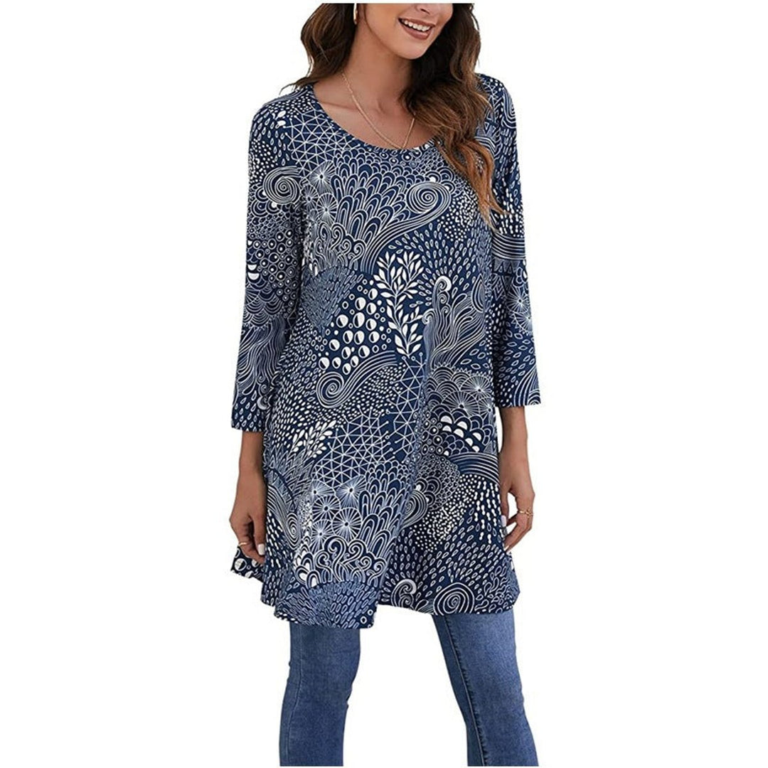 Damen Tunika mit buntem Mandala-Druck und 3/4-Ärmeln - A12