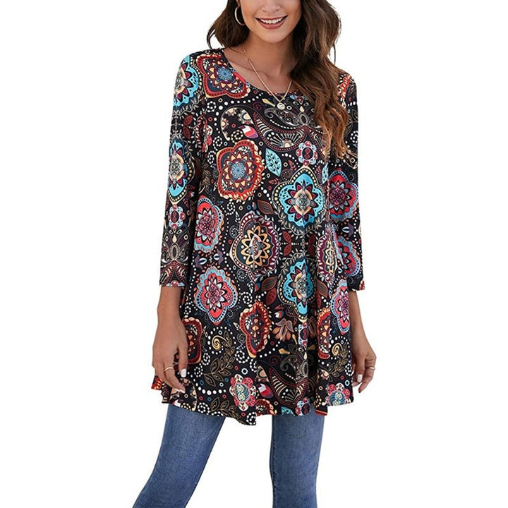 Damen Tunika mit buntem Mandala-Druck und 3/4-Ärmeln - A2