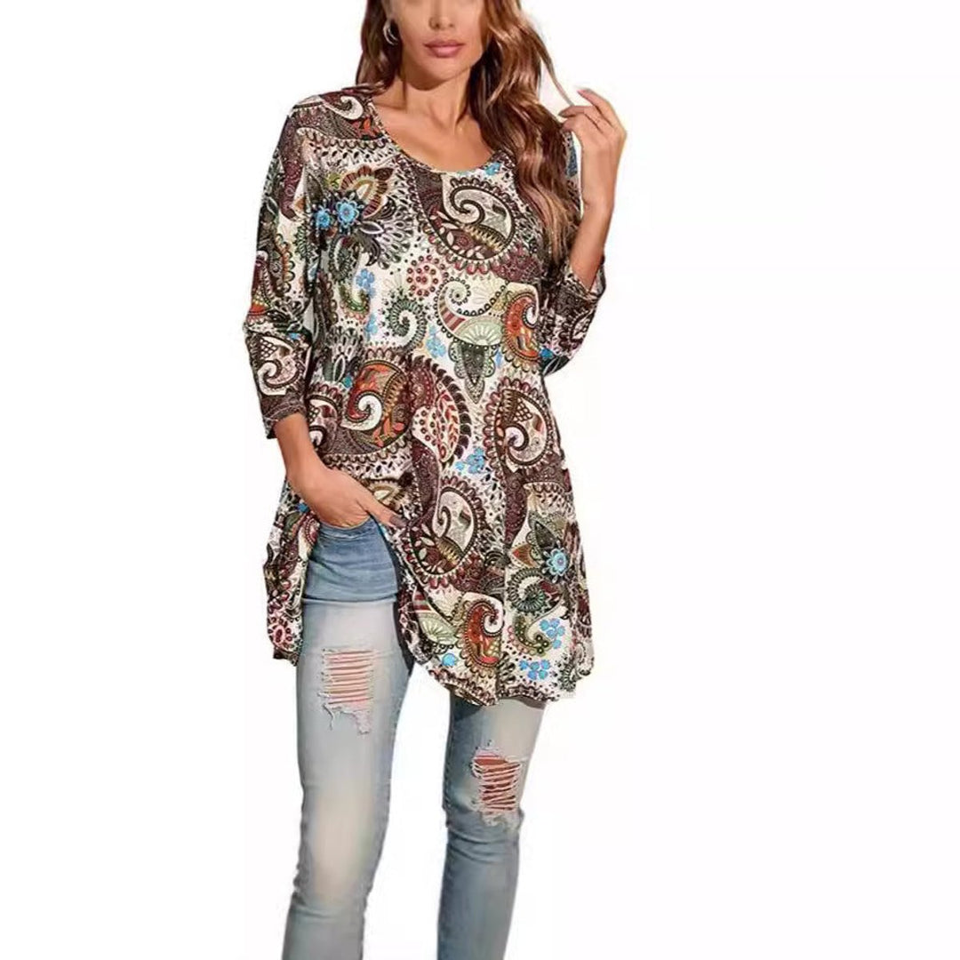 Damen Tunika mit buntem Mandala-Druck und 3/4-Ärmeln