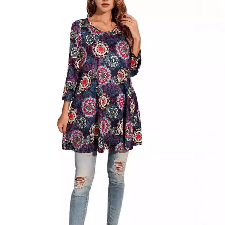 Damen Tunika mit buntem Mandala-Druck und 3/4-Ärmeln