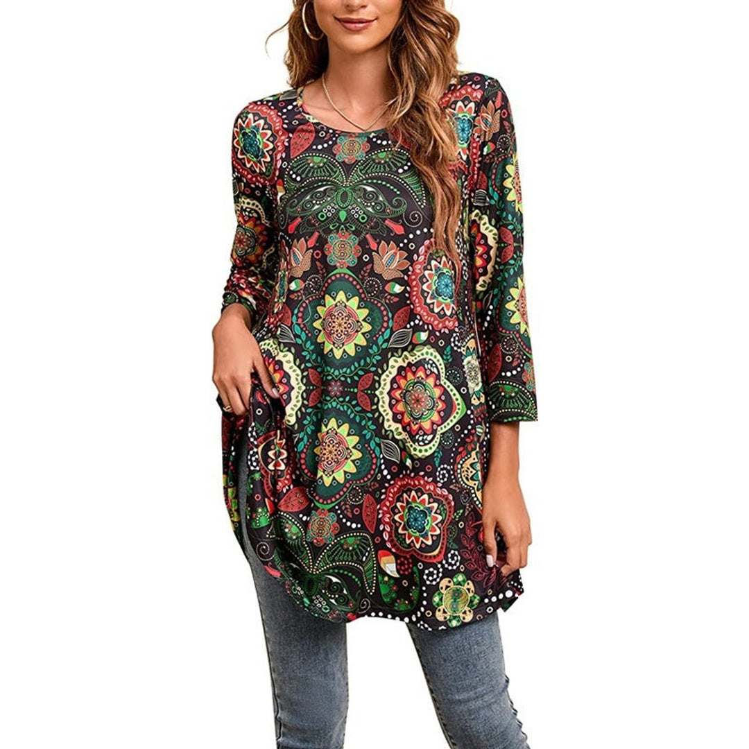 Damen Tunika mit buntem Mandala-Druck und 3/4-Ärmeln - A16