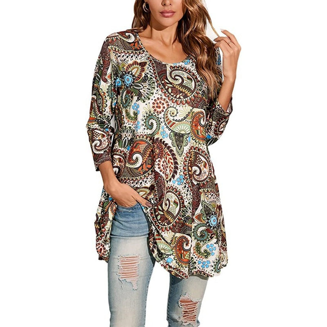 Damen Tunika mit buntem Mandala-Druck und 3/4-Ärmeln - A1