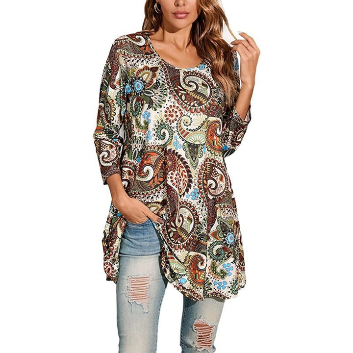 Damen Tunika mit buntem Mandala-Druck und 3/4-Ärmeln - A1