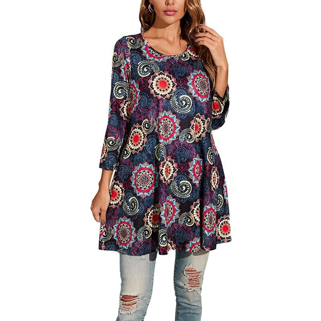 Damen Tunika mit buntem Mandala-Druck und 3/4-Ärmeln - Grau