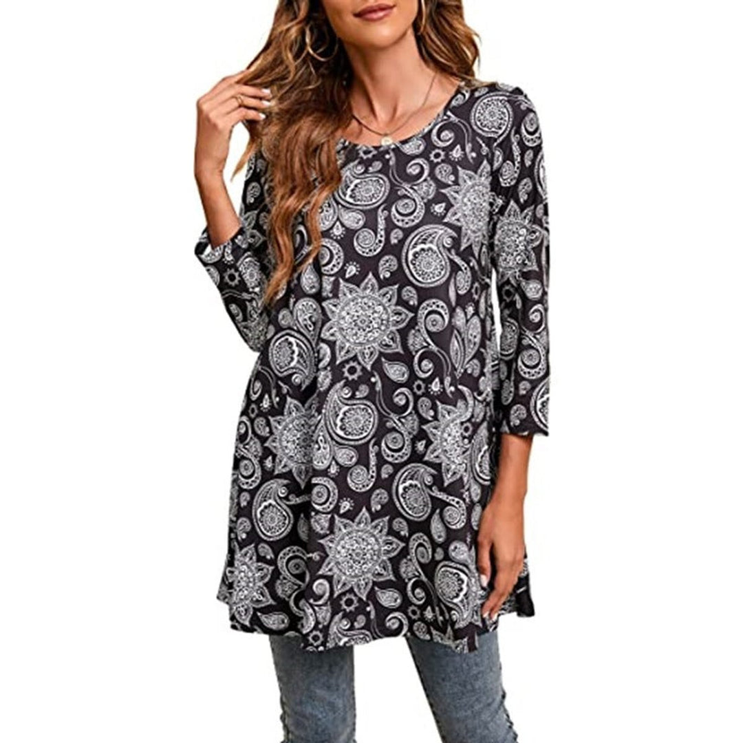 Damen Tunika mit buntem Mandala-Druck und 3/4-Ärmeln - A14