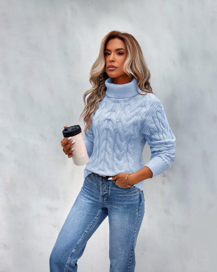 Damen Turtleneck Sweater Zeitloser Kabelstrick-Rollkragenpullover - Blau