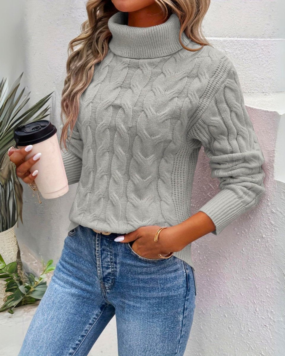 Damen Turtleneck Sweater Zeitloser Kabelstrick-Rollkragenpullover - Grau