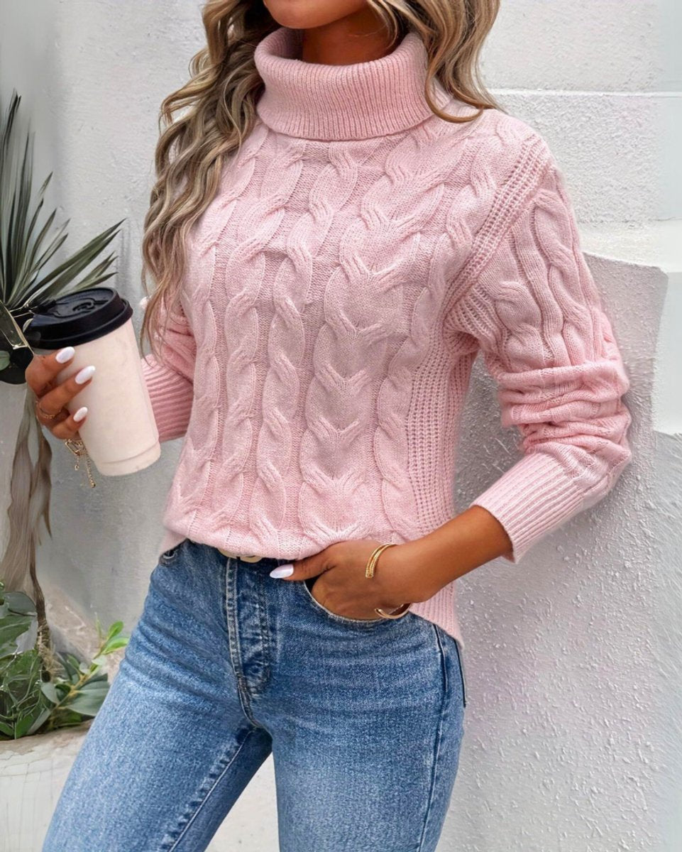 Damen Turtleneck Sweater Zeitloser Kabelstrick-Rollkragenpullover - Rosa