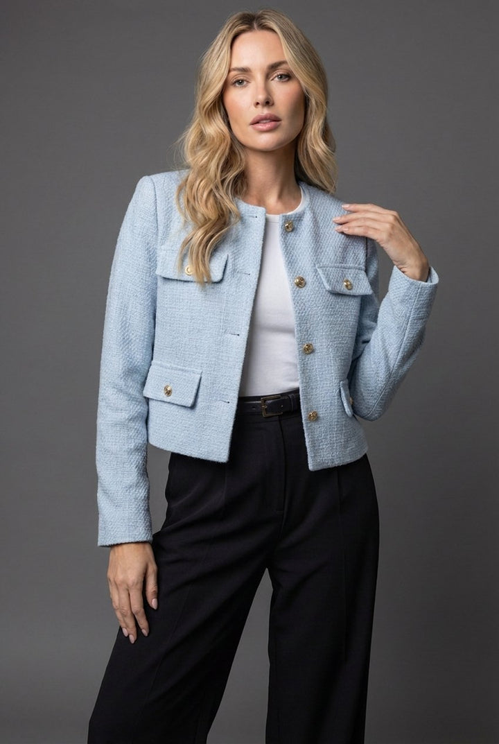 Damen Tweed Kurzblazer Rundhals Knopfleiste - Light Blue