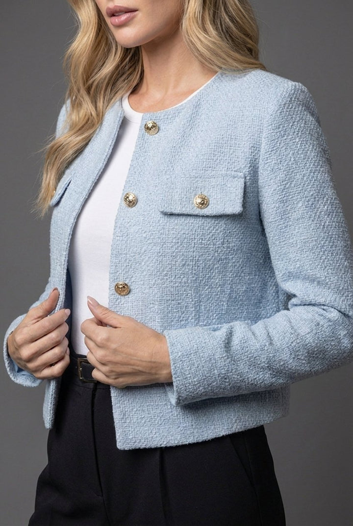 Damen Tweed Kurzblazer Rundhals Knopfleiste