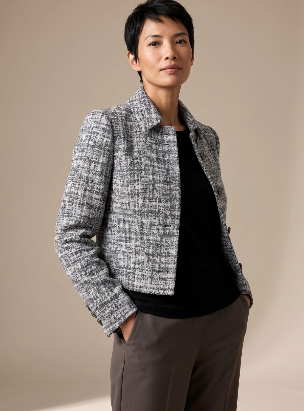 Damen Tweed Zweiteiler Langarm Blazer Weithose Set - Schwarz