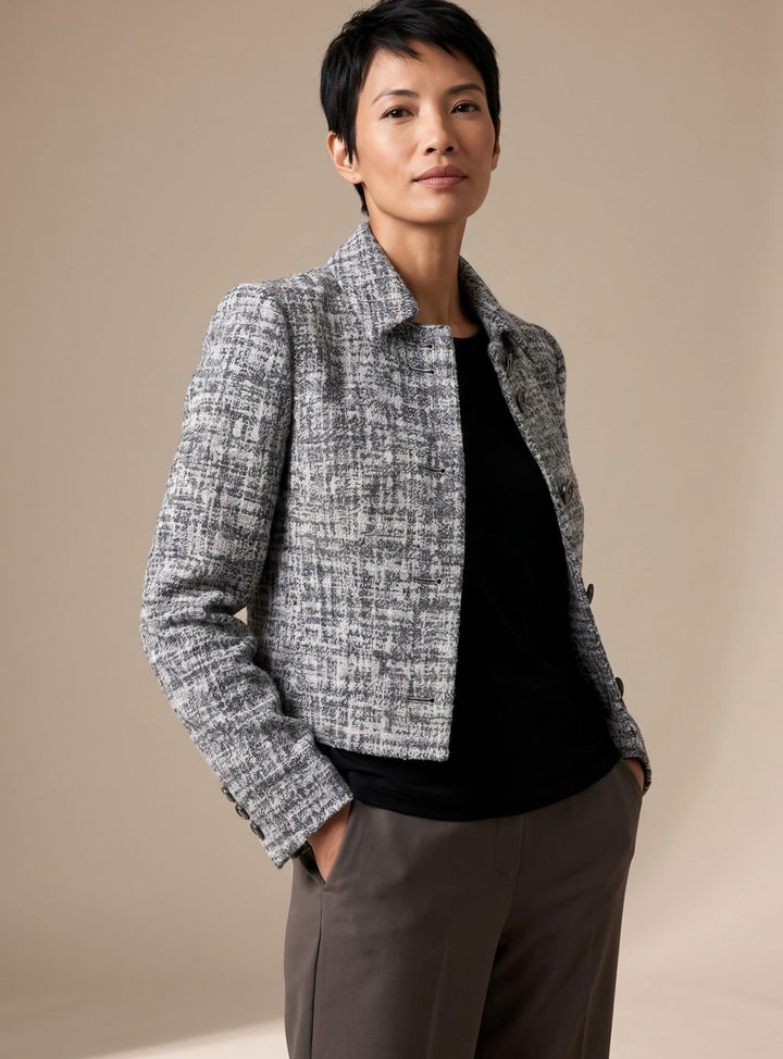 Damen Tweed Zweiteiler Langarm Blazer Weithose Set - Schwarz