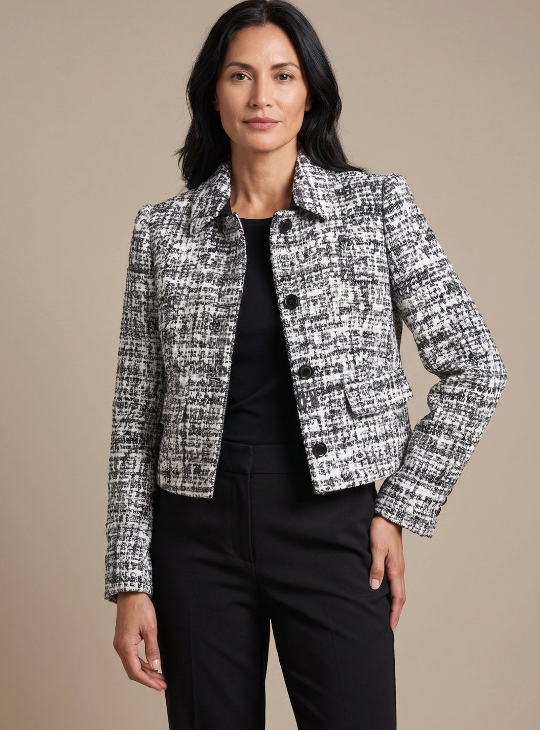 Damen Tweed Zweiteiler Langarm Blazer Weithose Set - Grau