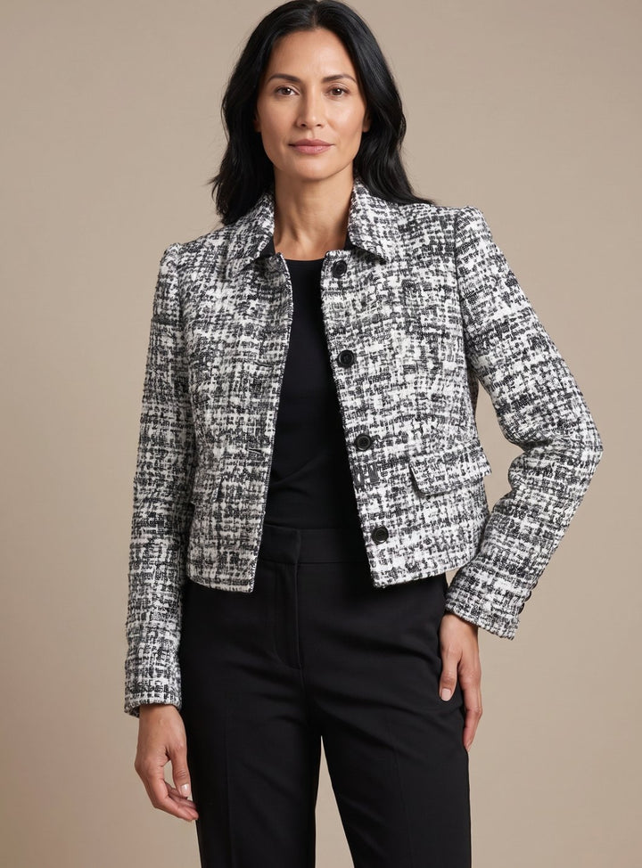 Damen Tweed Zweiteiler Langarm Blazer Weithose Set - Grau