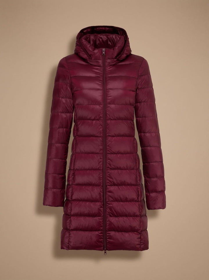 Damen Ultraleichte Lange Daunenjacke mit Kapuze Reißverschluss Winterjacke - Weinrot
