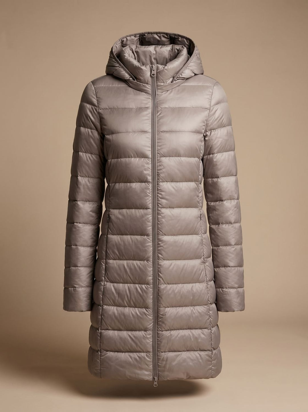 Damen Ultraleichte Lange Daunenjacke mit Kapuze Reißverschluss Winterjacke - Khaki