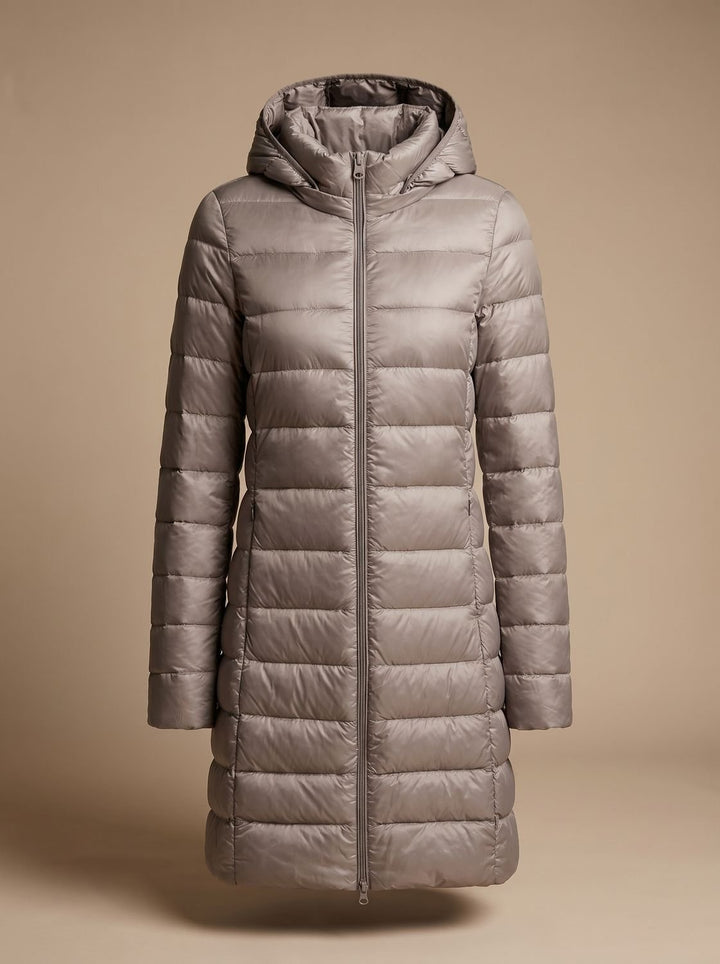 Damen Ultraleichte Lange Daunenjacke mit Kapuze Reißverschluss Winterjacke - Khaki
