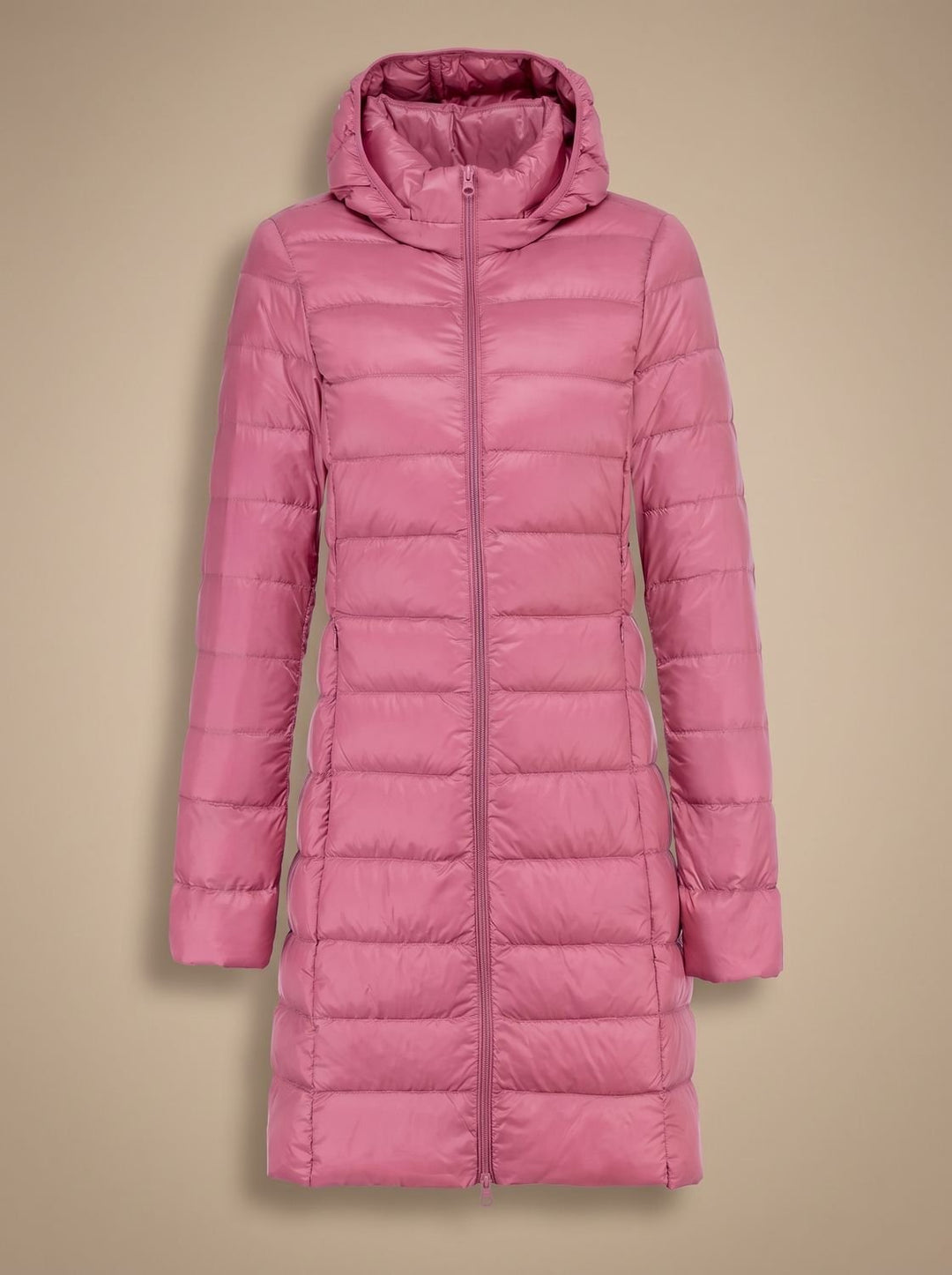Damen Ultraleichte Lange Daunenjacke mit Kapuze Reißverschluss Winterjacke - Rosa