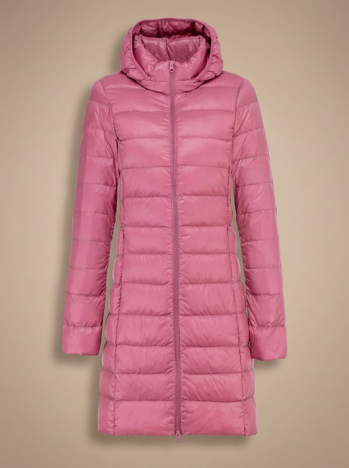 Damen Ultraleichte Lange Daunenjacke mit Kapuze Reißverschluss Winterjacke - Rosa