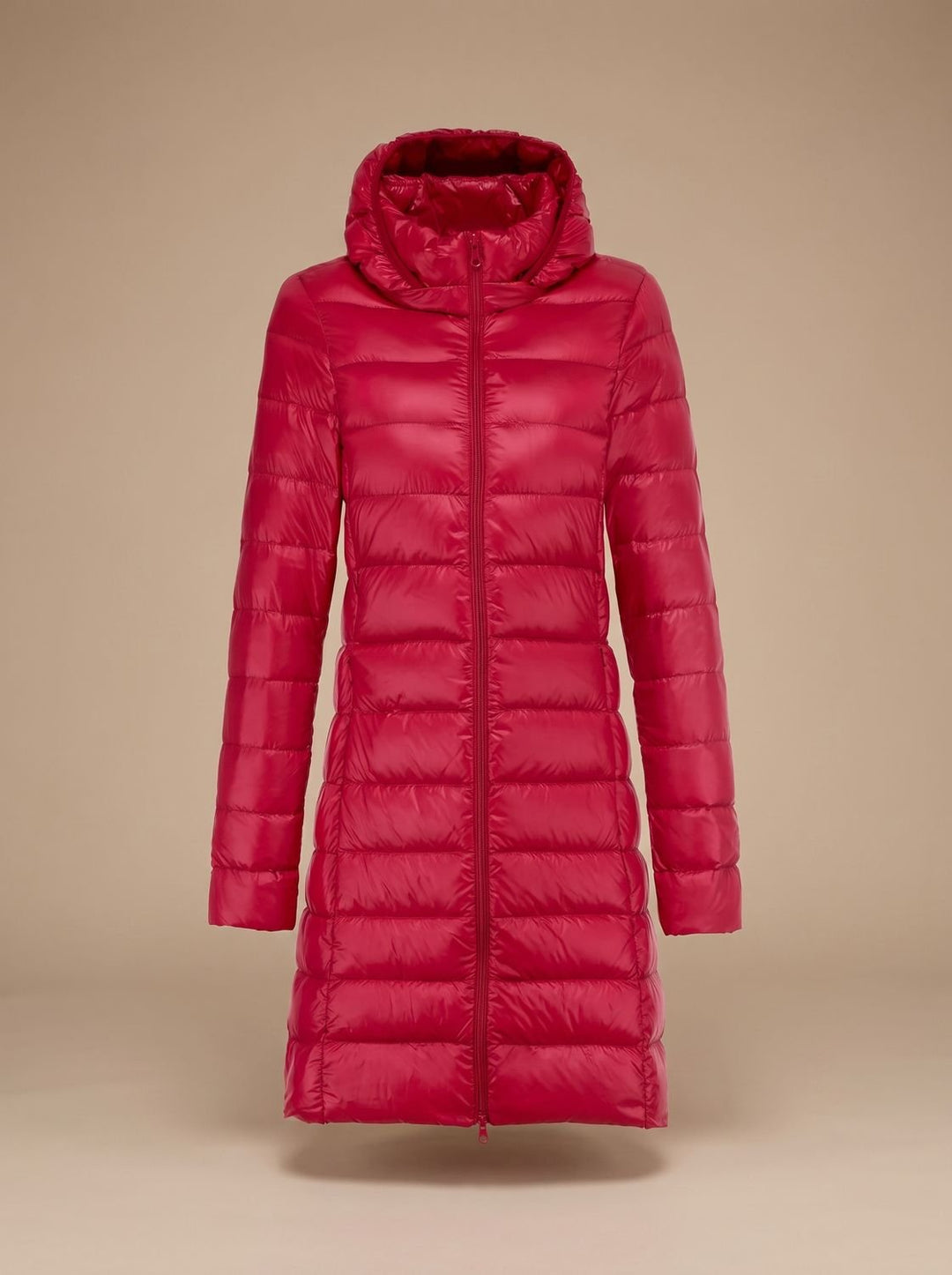 Damen Ultraleichte Lange Daunenjacke mit Kapuze Reißverschluss Winterjacke - Rot