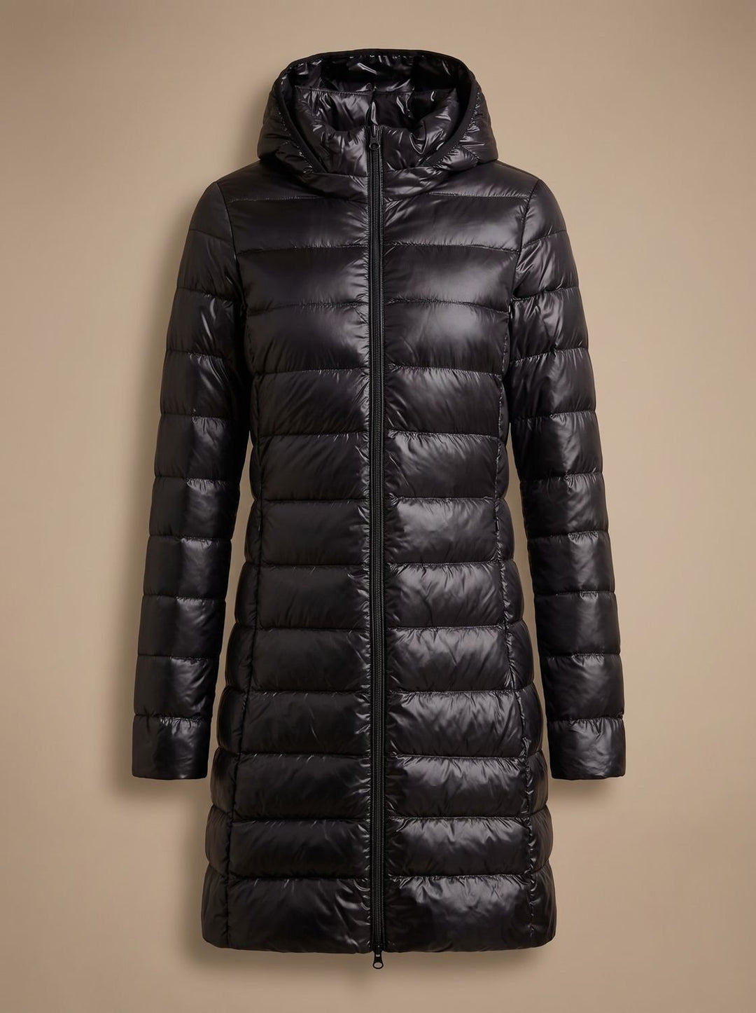 Damen Ultraleichte Lange Daunenjacke mit Kapuze Reißverschluss Winterjacke - Schwarz